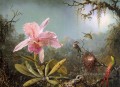 Cattelya Orchid and Three Brazilian Hummingbirds Romantic flower Martin Johnson Heade